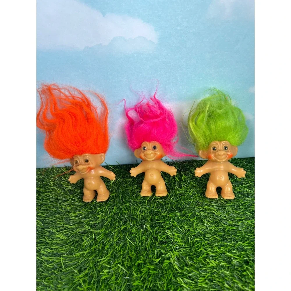 Vintage Troll Doll Lot of 3 Neon Orange Pink Green 3 Inch Figures